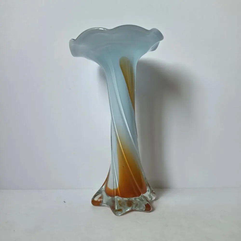 Vtg Murano Style Jack in the Pulpit Orange Blue White Ribbed Art Glass Vase 9”